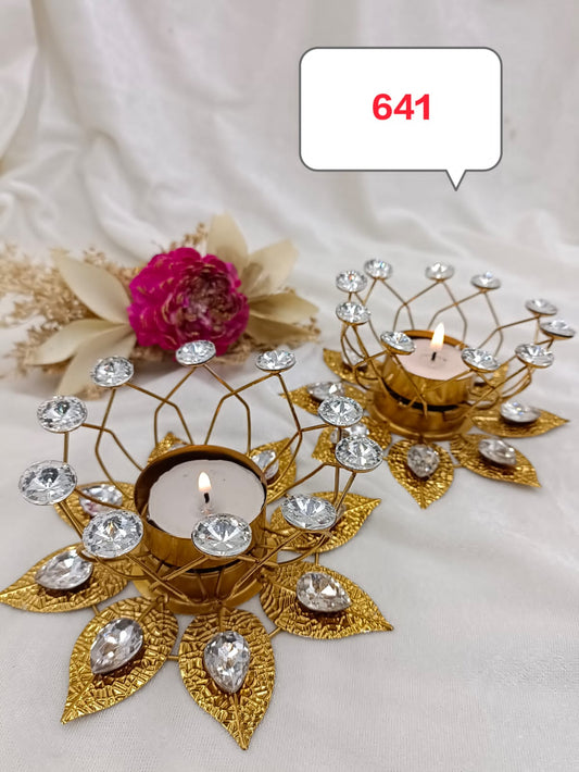 Metal 8petal Diya’s with diamonds 2pcs set( 2 candles free)sno -641