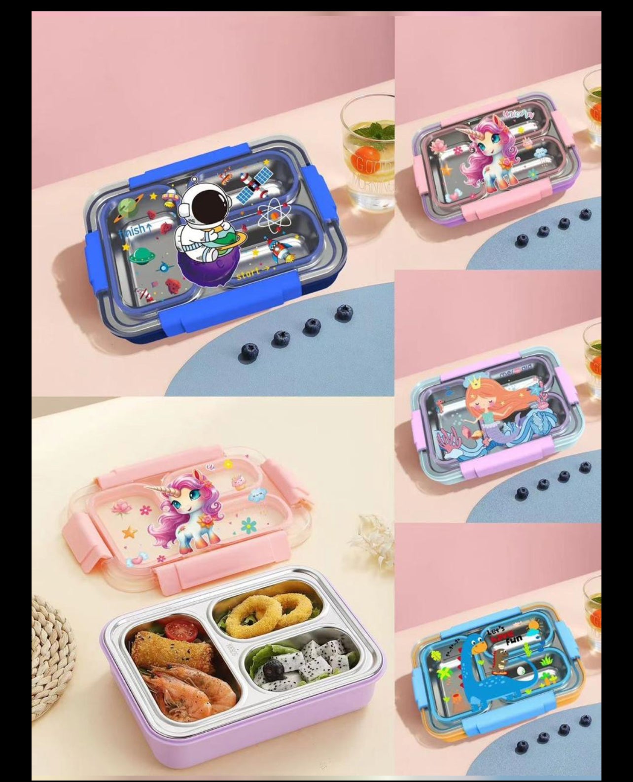 Dino/Unicorn/space /mermaid  Transparent 3-Compartment 750ml Transfer Proof Lunch Box