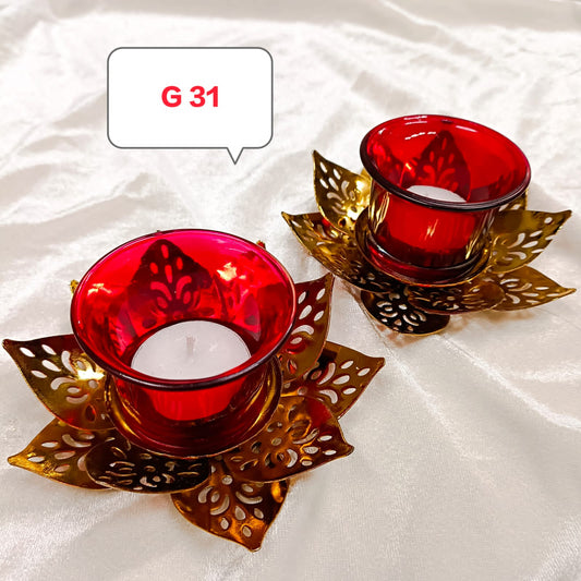 Metal with glass diya 2pcs set ( 2 candles free)