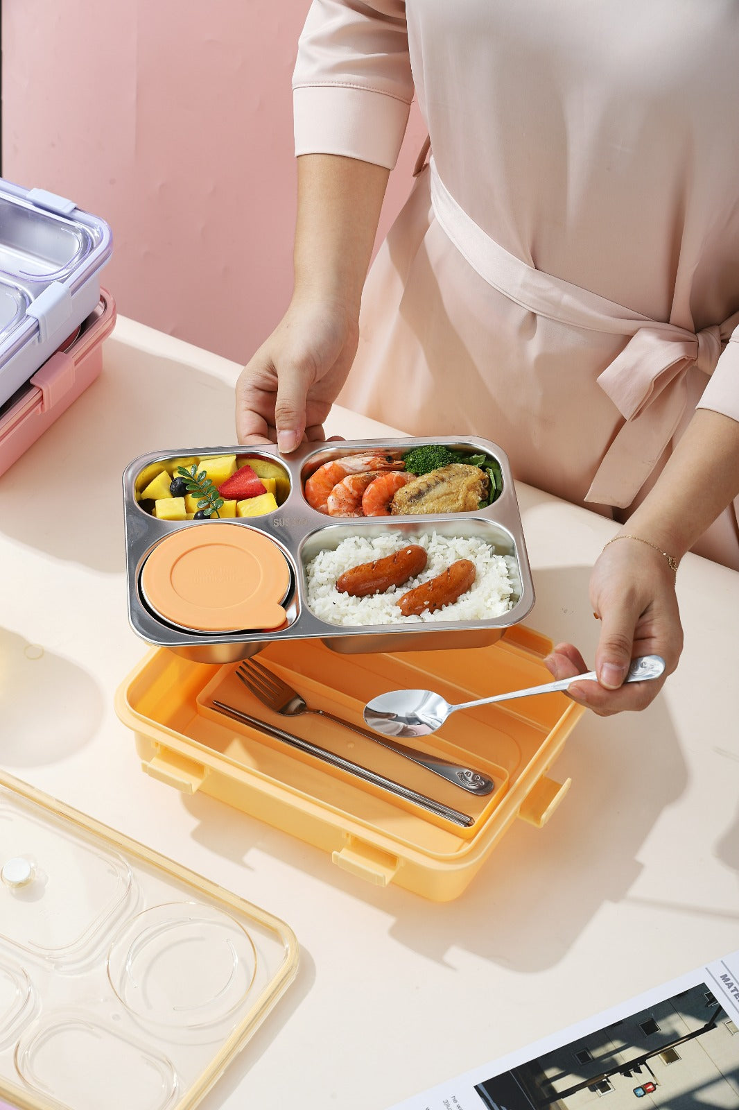 4 compartment 750ml Stainless Steel Lunch Box with 150ml Bowl