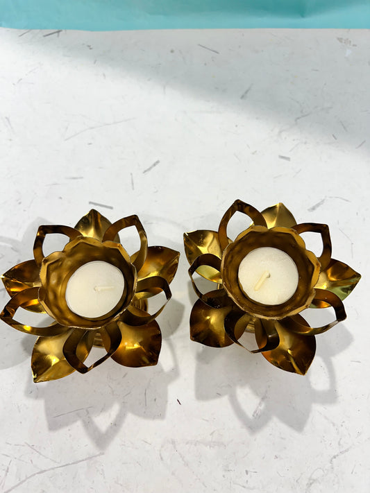 Metal gold colour lotus 3 layer diya 2pcs set ( 2 candles free)pp-129