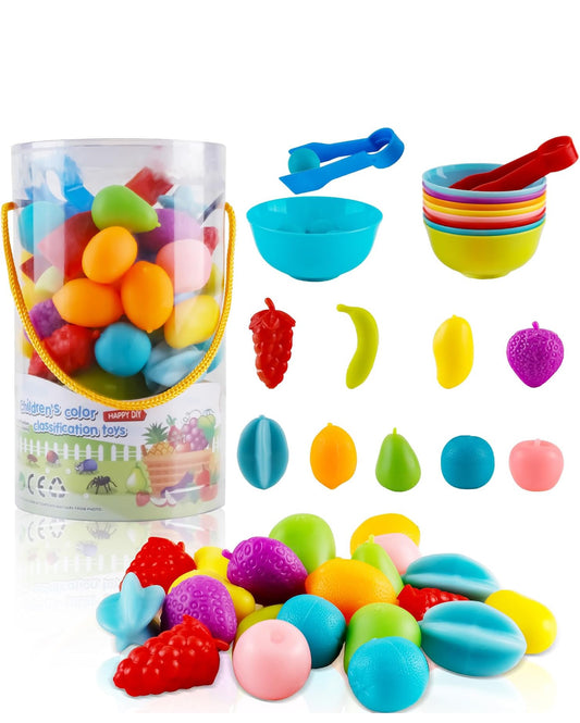 Counting Fruits Set, 36PCS Colour Sorting Counting Fruits Toys with Matching Bowls & Tweezers, Rainbow Color Matching & Fine Motor Skills Math Toys Educational Montessori Toys for Toddlers (36PCS)