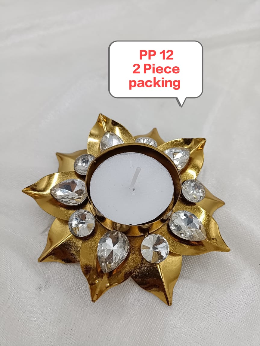 Metal gold 2 pcs diamond diya set ( 2 candles free)pp-12