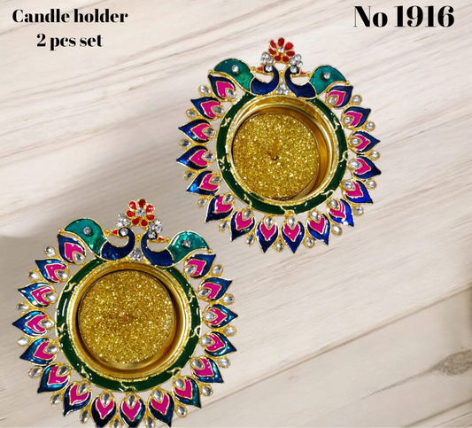 Metal meenakari peacock diya 2pcs set( 2 candles free) s no -1916