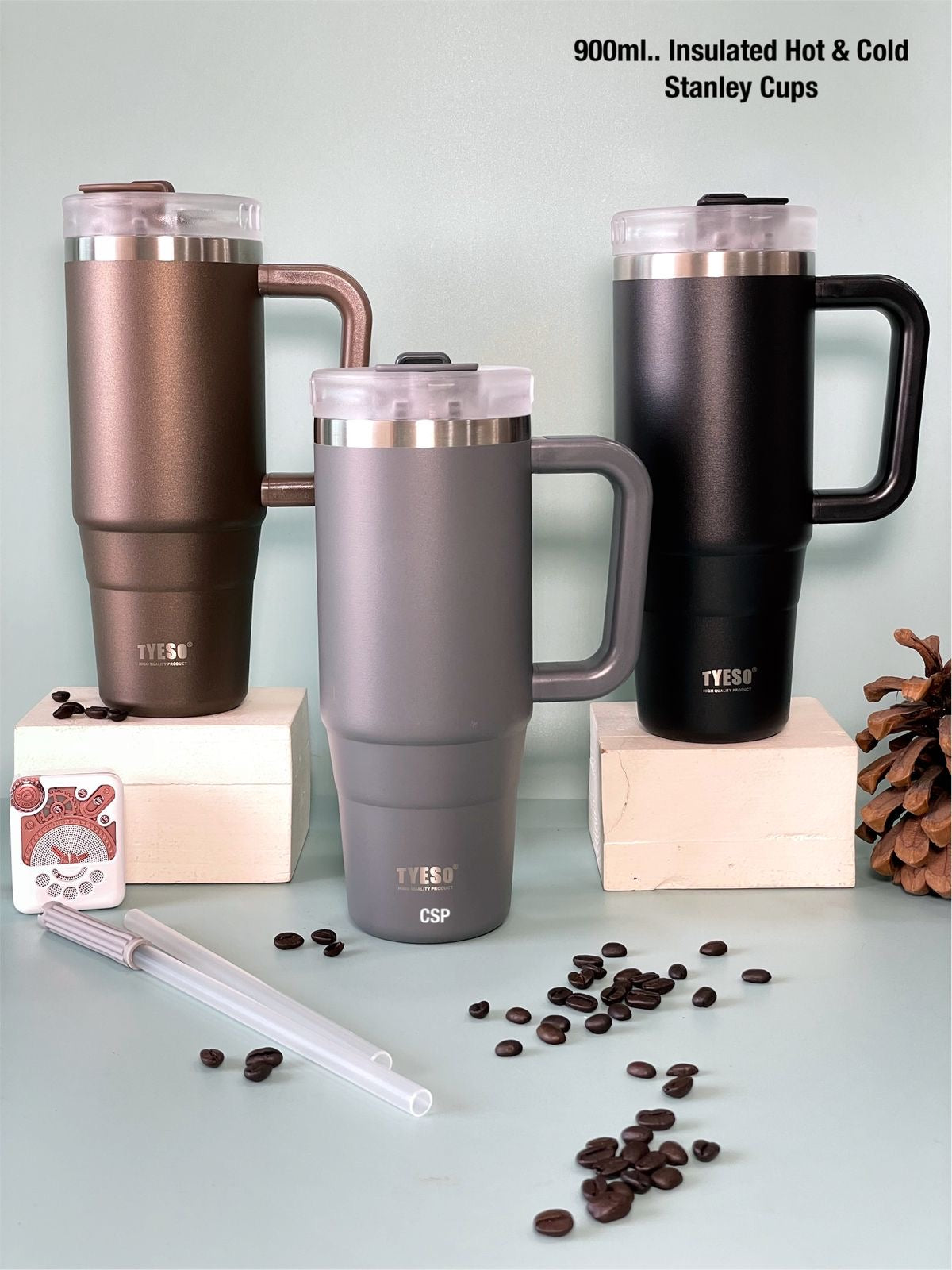 TYESO vacuum insulated tumbler with handle 900ml(24 hours cold & 6 hours hot)