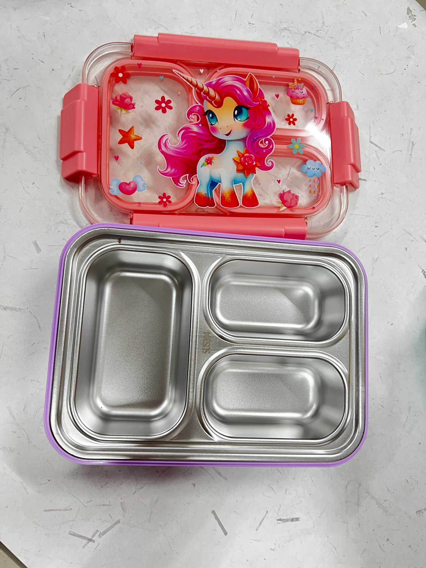 Dino/Unicorn/space /mermaid  Transparent 3-Compartment 750ml Transfer Proof Lunch Box