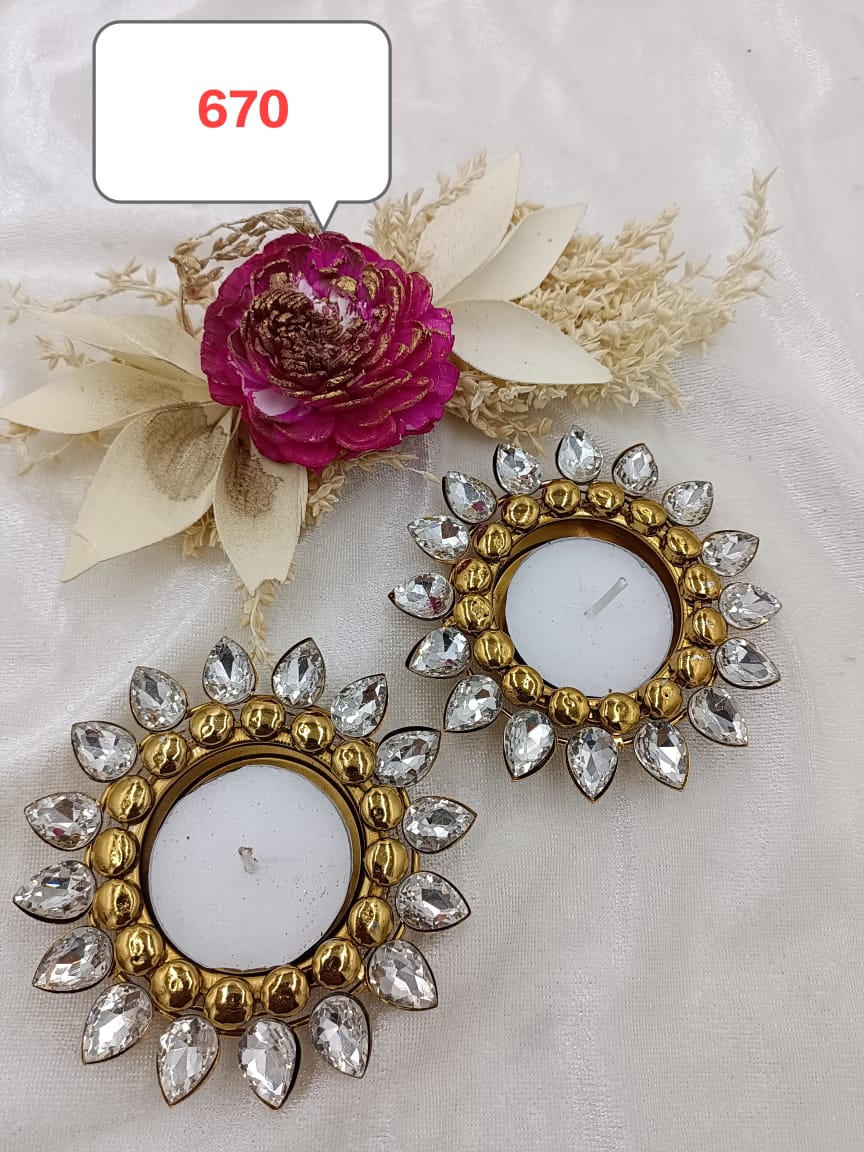 Metal gold 2 pcs diya set ( 2 candles free)sno -665