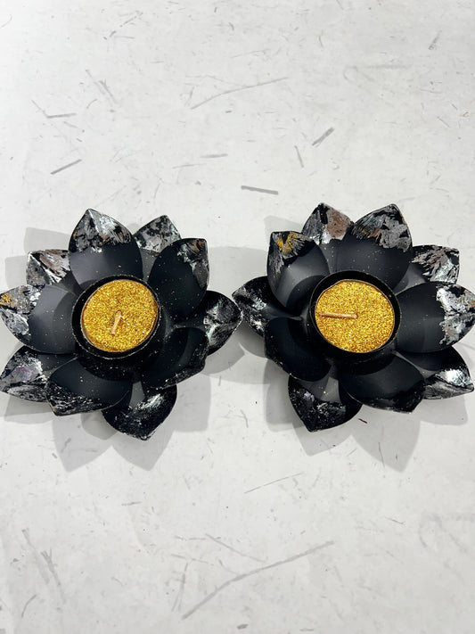 Metal black lotus diya 2pcs set ( 2 candles free)pp-120