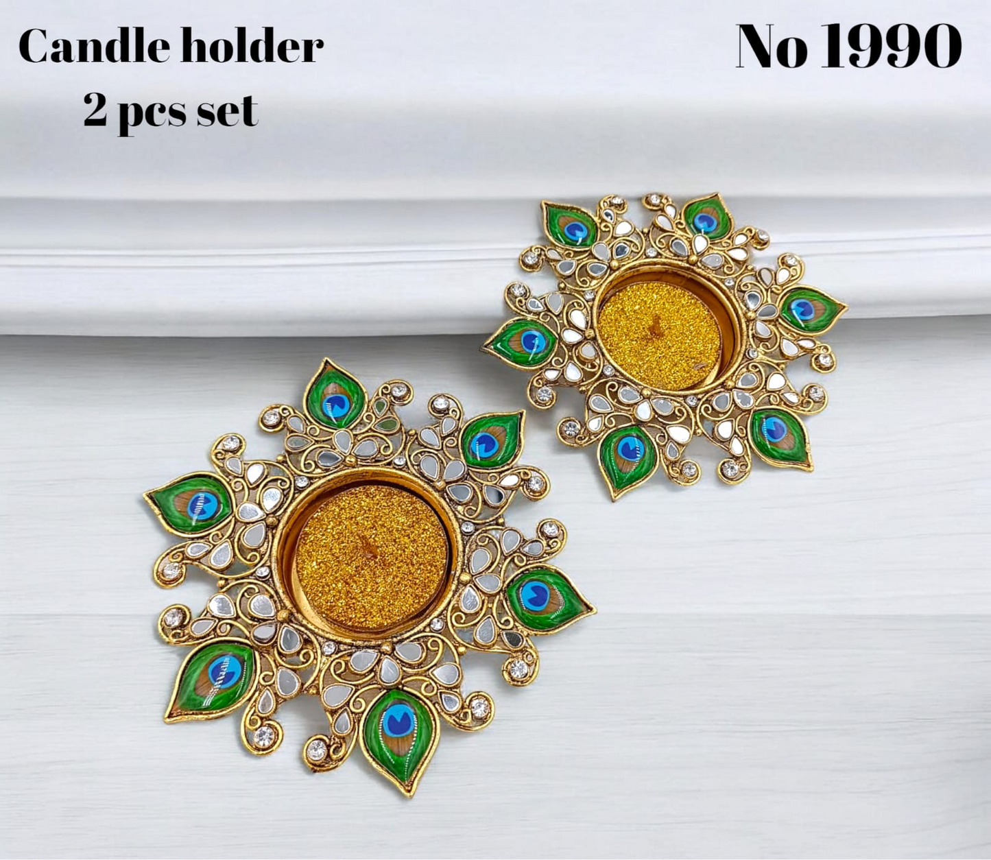 Metal Kundan & meenakari diya 2pcs set ( 2 candles free)s no 1990