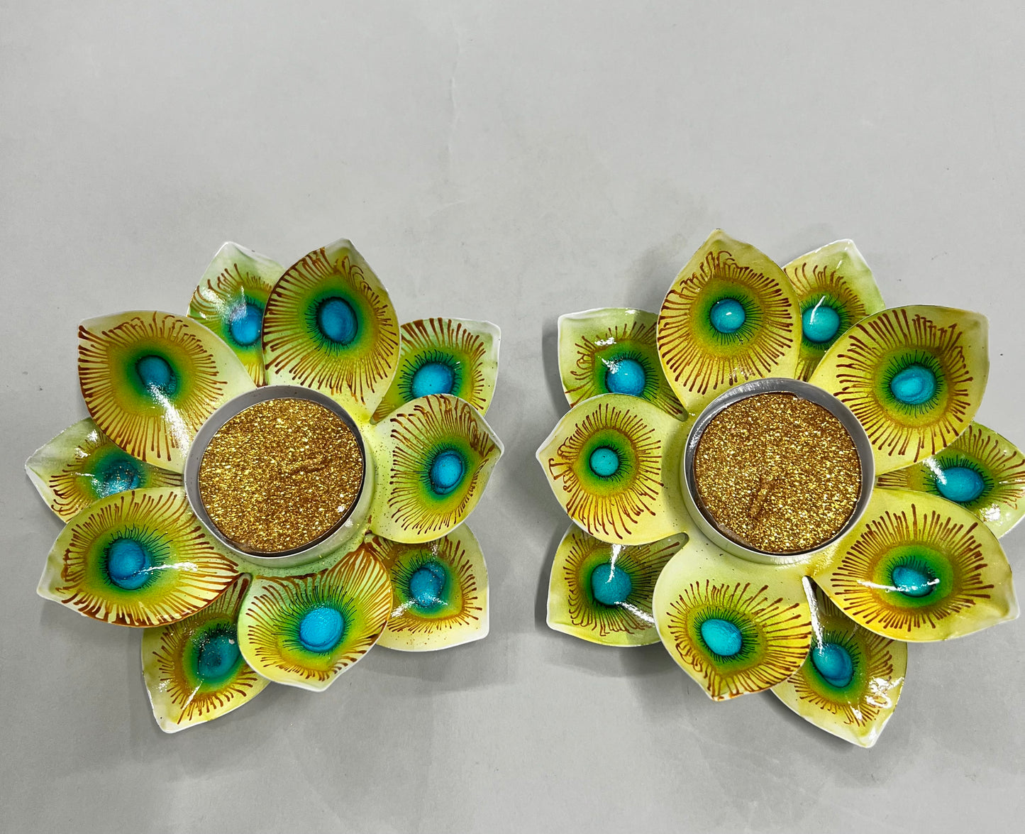 Metal peacock print Diya’s 2pcs set ( 2 candles each set free)pp-113