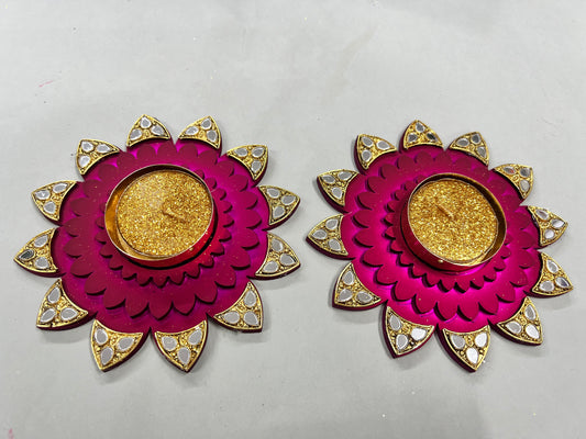 Acrylic circle shape diya with kundan 2 pcs set ( 2 candles free) s no -2006