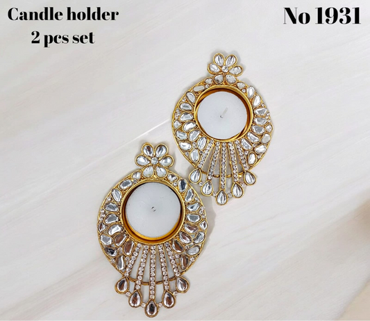 Metal kundan diya set of 2pcs ( 2 candles free) s no -1931