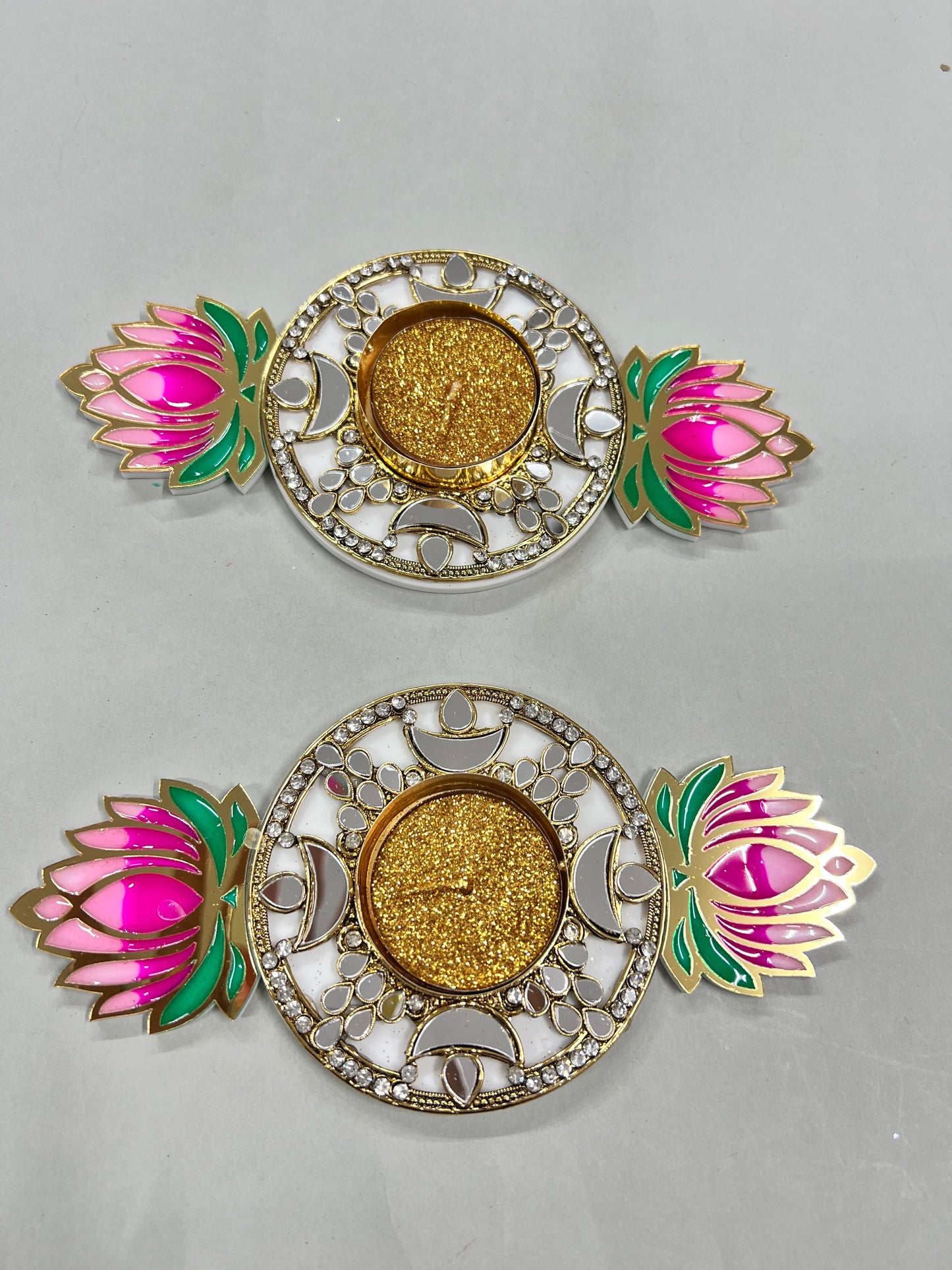 Acrylic kundan & meenakari lotus diya 2pcs set (2ca flea free)s no -666