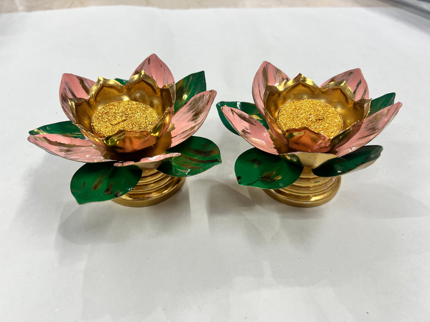 Metal 3layer lotus diya  2pcs box ( 2 candles free)pp-154