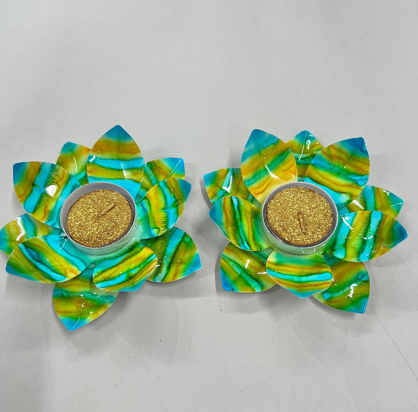 Metal multicolour lotus diya 2 pcs set ( 2 candles free)pp-139