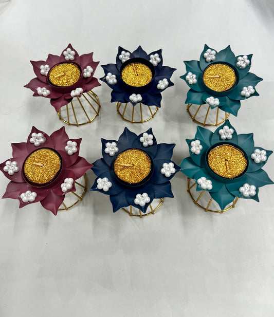 Metal lotus tealight candle holder 6pcs set ( 6 candles free)pp-98