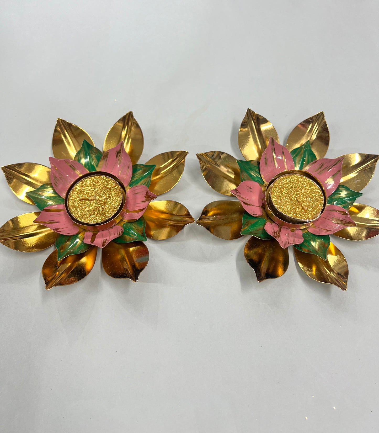 Metal gold 7inch lotus diya 2pcs set ( 2 candles free)pp-138