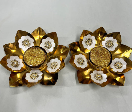 Metal gold lotus Diya 2pcs set(2 candles free)pp-103