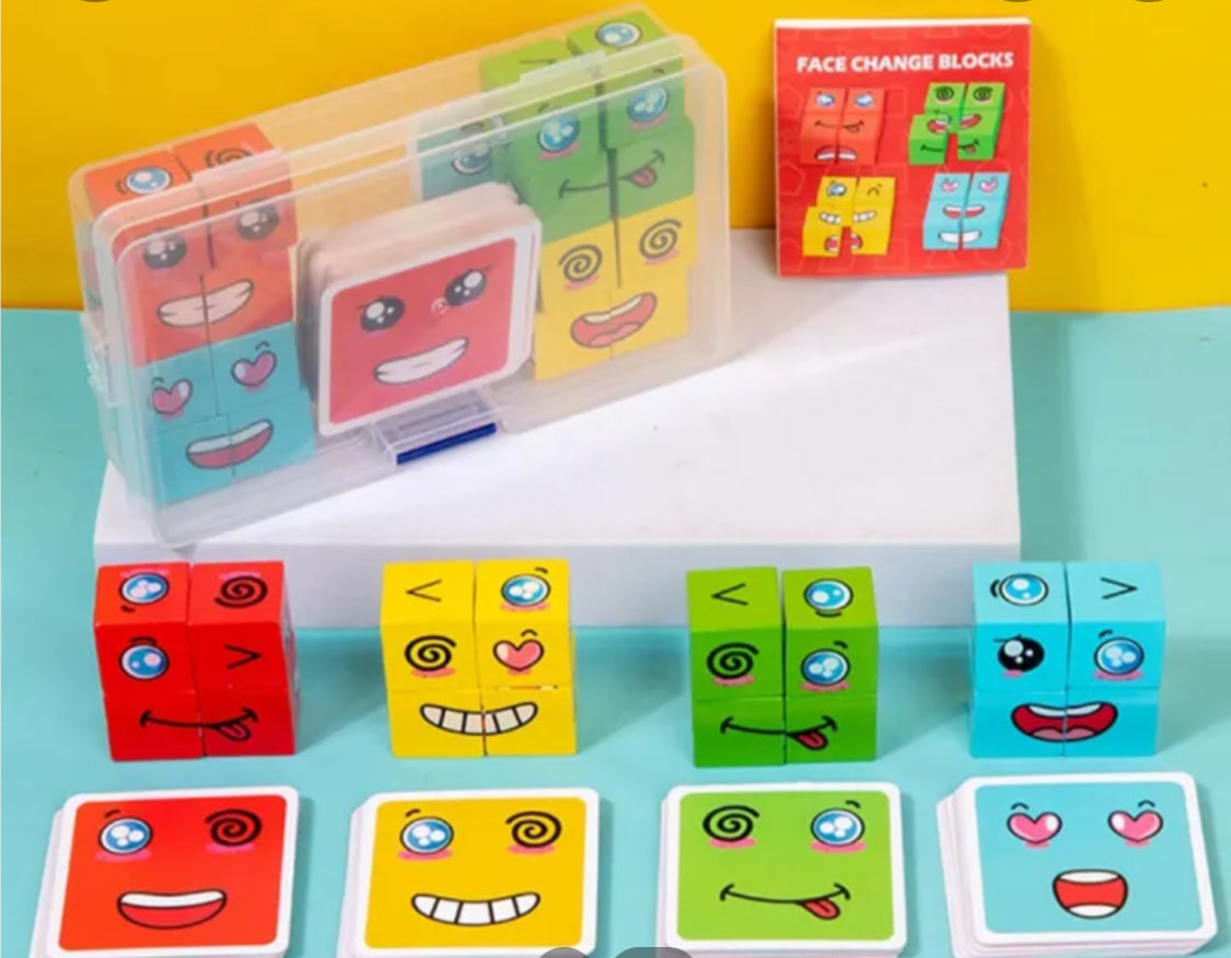 Face Changing Magic Cube Building Blocks Game Matching Expression Puzzle Toy Board Games for Family Night, Match Puzzles Geometric Educational Toys for Kids