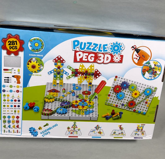 3D peg puzzle Electric Drill and Screw Set Design 281 Pieces Creative Mosaic Art Puzzle Drilling Toy, DIY Drill Puzzle Stem Educational Building Blocks Learning Kit Fun Activity for Kids