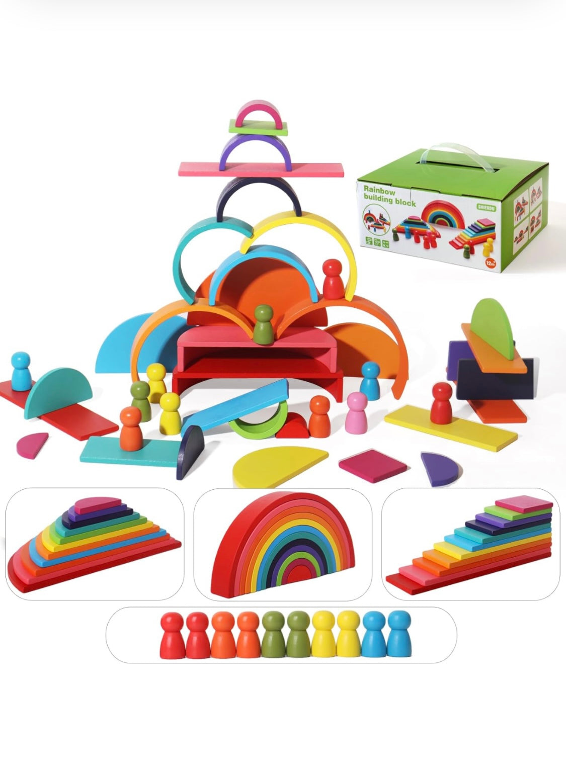 45-Piece Wooden Rainbow Stack Set, 4-in-1 Building Blocks preschoolers Early Development & Activity Toys Montessori Toys for Kids 3, 4, 5, 6 Years and Older Gifts for Boys and Girls