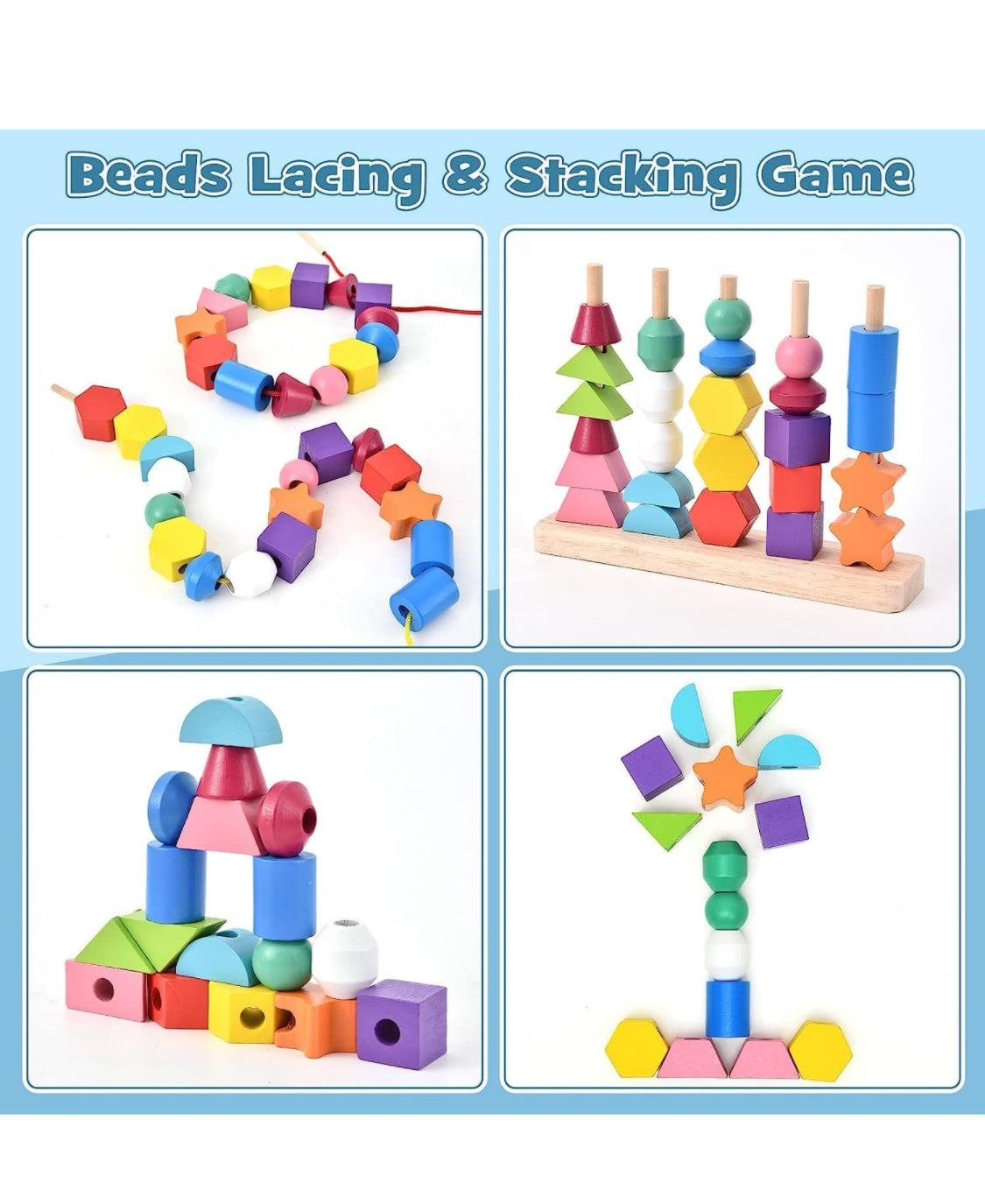 Montessori Wooden Beads Geometric Stacking Blocks Lacing Beads Matching Shape Stacker Montessori Toys for 3 4 5 Year Old Mega Blocks for Toddlers