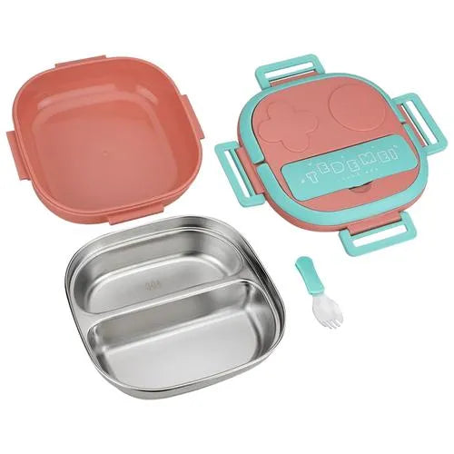 2 Grid Tedemei Lunchbox - Stainless Steel Interior, 2 Compartment, pink & blue For Kids, 550 ml