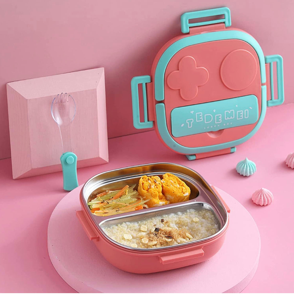 2 Grid Tedemei Lunchbox - Stainless Steel Interior, 2 Compartment, pink & blue For Kids, 550 ml