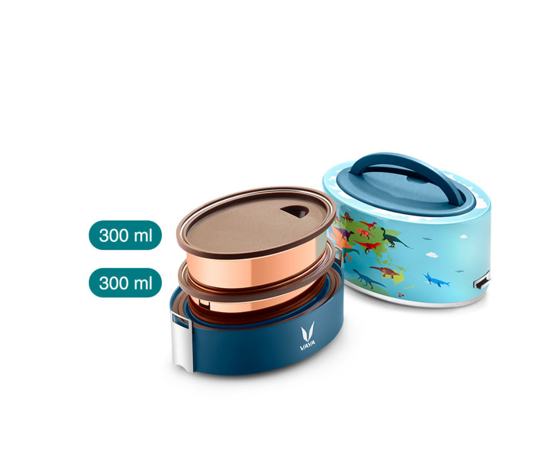 VAYA TYFFYN Multicolor Dino  Copper Finished Stainless Steel Lunch Box with 2-Containers Without Bagmat, 600 ml