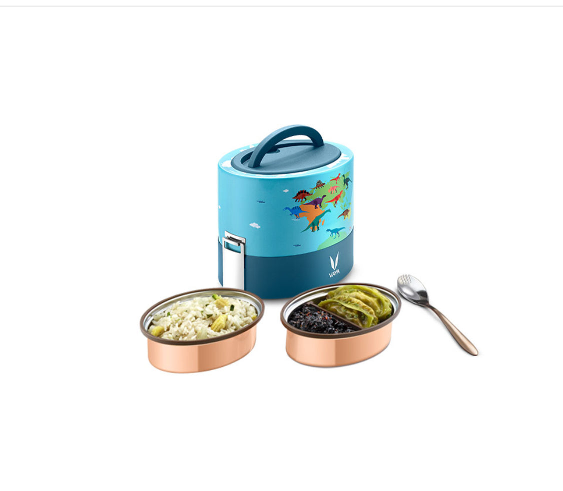 VAYA TYFFYN Multicolor Dino  Copper Finished Stainless Steel Lunch Box with 2-Containers Without Bagmat, 600 ml