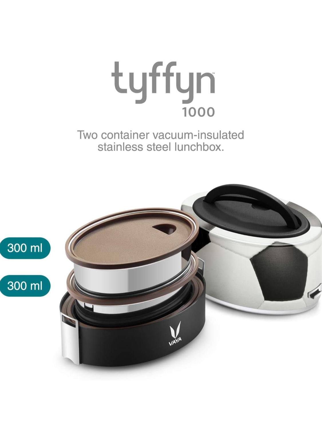 VAYA TYFFYN Multicolor Soccer Copper Finished Stainless Steel Lunch Box with 2-Containers Without Bagmat, 600 ml