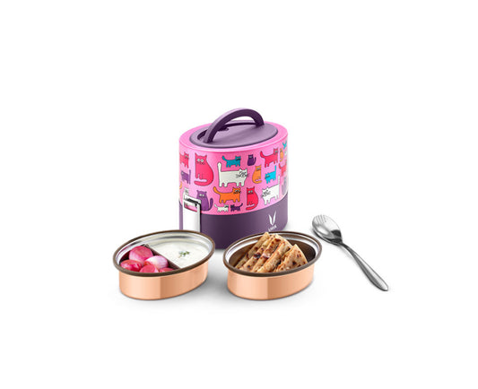 VAYA TYFFYN Multicolor cat  Copper Finished Stainless Steel Lunch Box with 2-Containers Without Bagmat, 600 ml