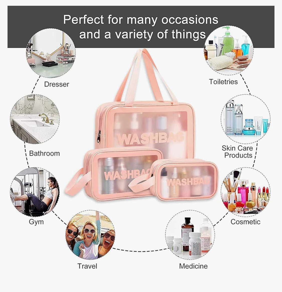 Washbag Set of 3 pcs Cosmetic Toiletry Makeup Vanity Shaving Household Grooming Travel Storage Organizer Bags Pouch kit Pack for Men Women Girls Travel