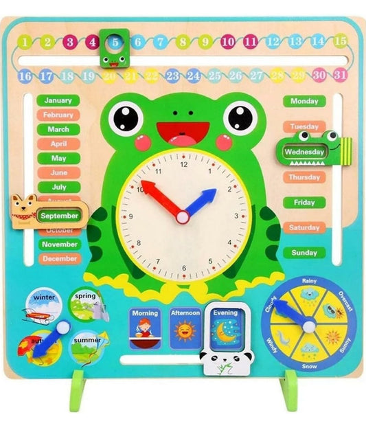 7 in 1 Wooden Calender Clock for Kids - Frog Shaped Preschool Educational Learning Puzzle Toy