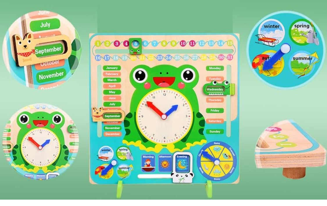 7 in 1 Wooden Calender Clock for Kids - Frog Shaped Preschool Educational Learning Puzzle Toy