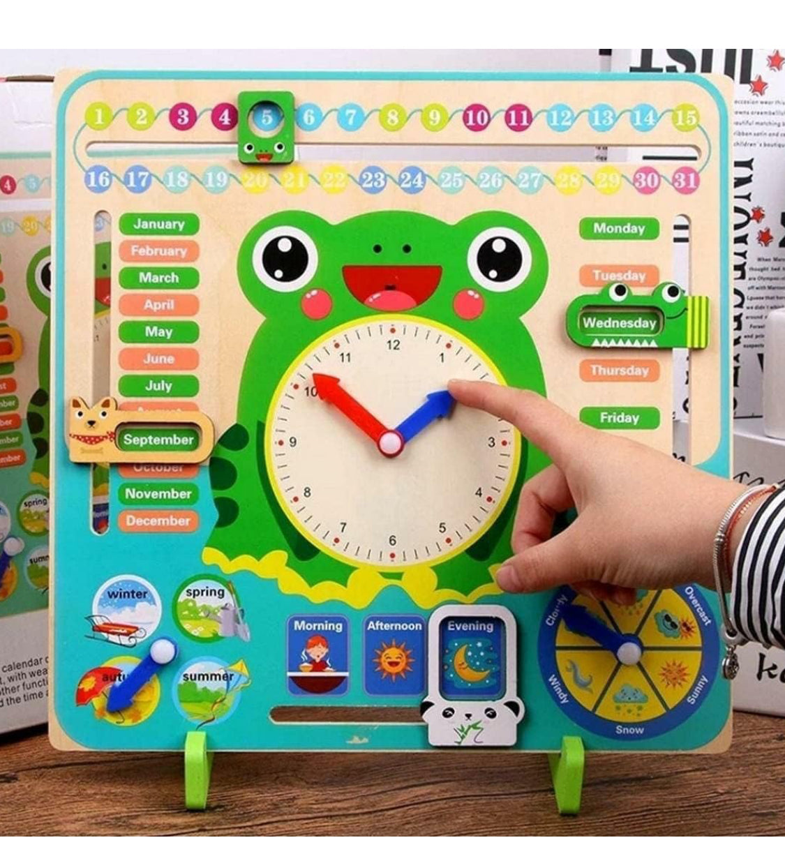 7 in 1 Wooden Calender Clock for Kids - Frog Shaped Preschool Educational Learning Puzzle Toy