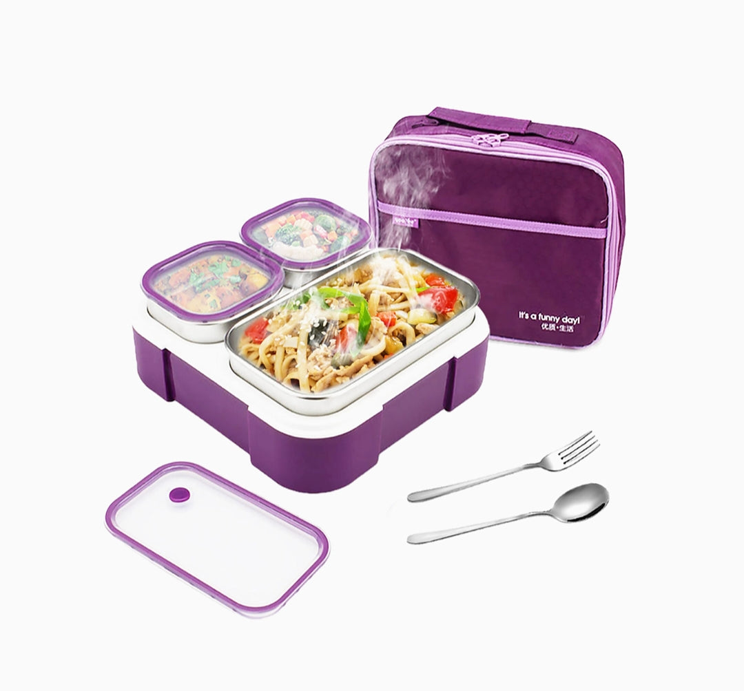 Yoo yee  3 Compartments Stainless Steel  bento Lunch Box，with Insulated Lunch Bag，Portion Control Lunch Container, On-the-Go Meal Fruit SnackPacking