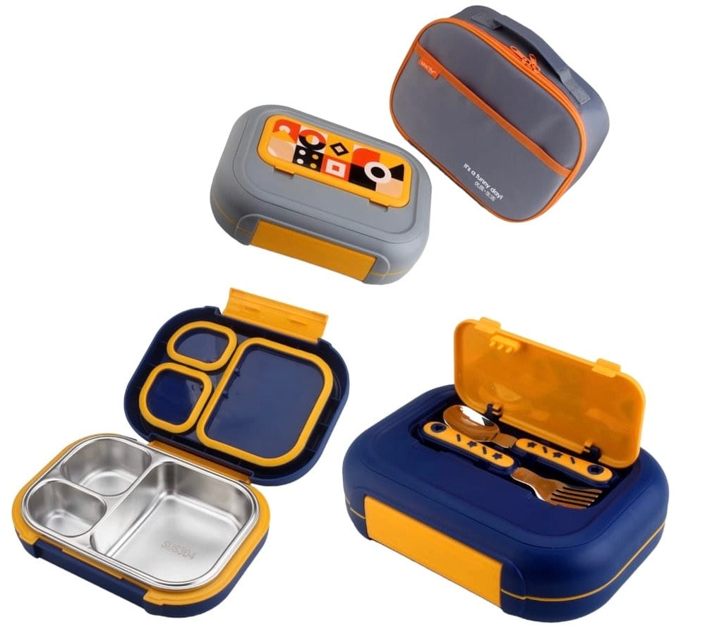 3 grid insulated leak proof lunch box with cutlery & lunch bag