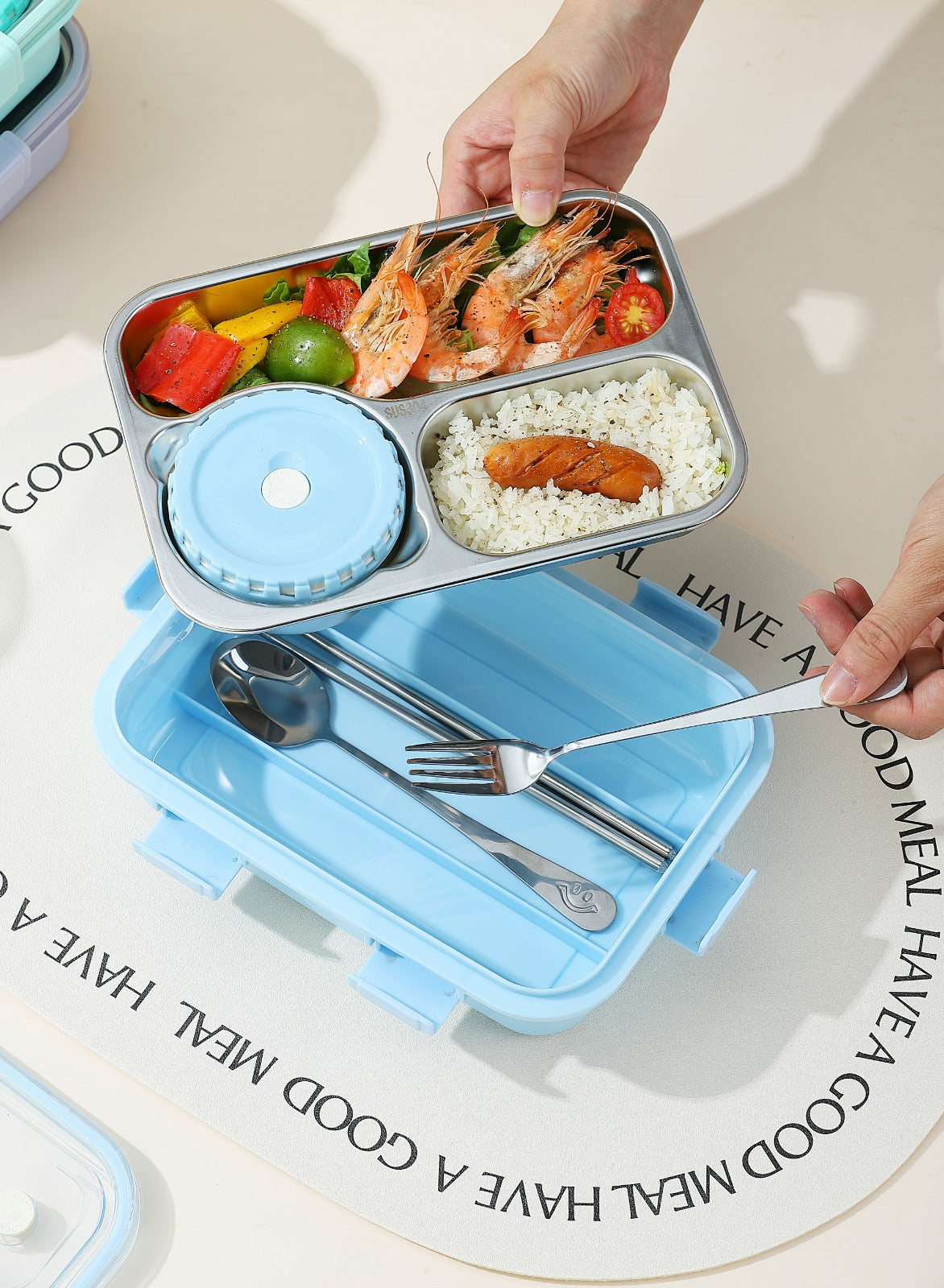 3 compartment 750ml Stainless Steel Lunch Box with 150ml Bowl