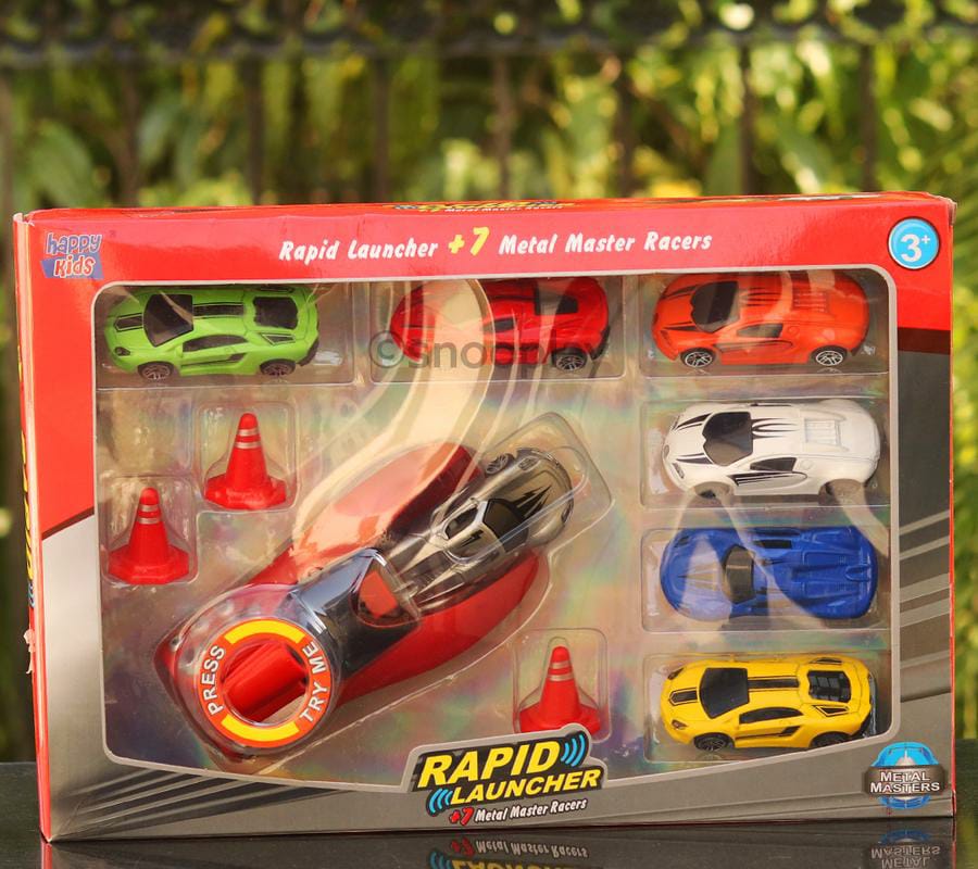 Rapid Launcher Play Set Toy with 7 Die Cast Metal Stunt Car and Master Racers Racing Sports Rapid Launcher with 3 Stoppers Best Toy Gift for Kids (Multi-Color)